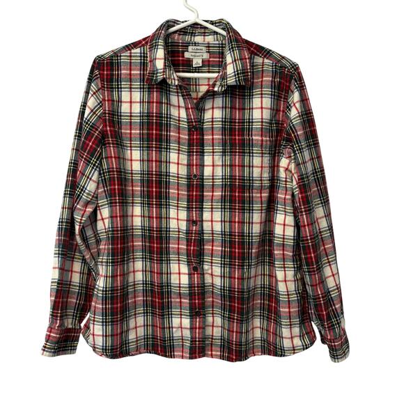 LL Bean Womens Large‎ 100% Cotton Flannel Shirt Relaxed Fit Cottage Hiking Red - Picture 1 of 6
